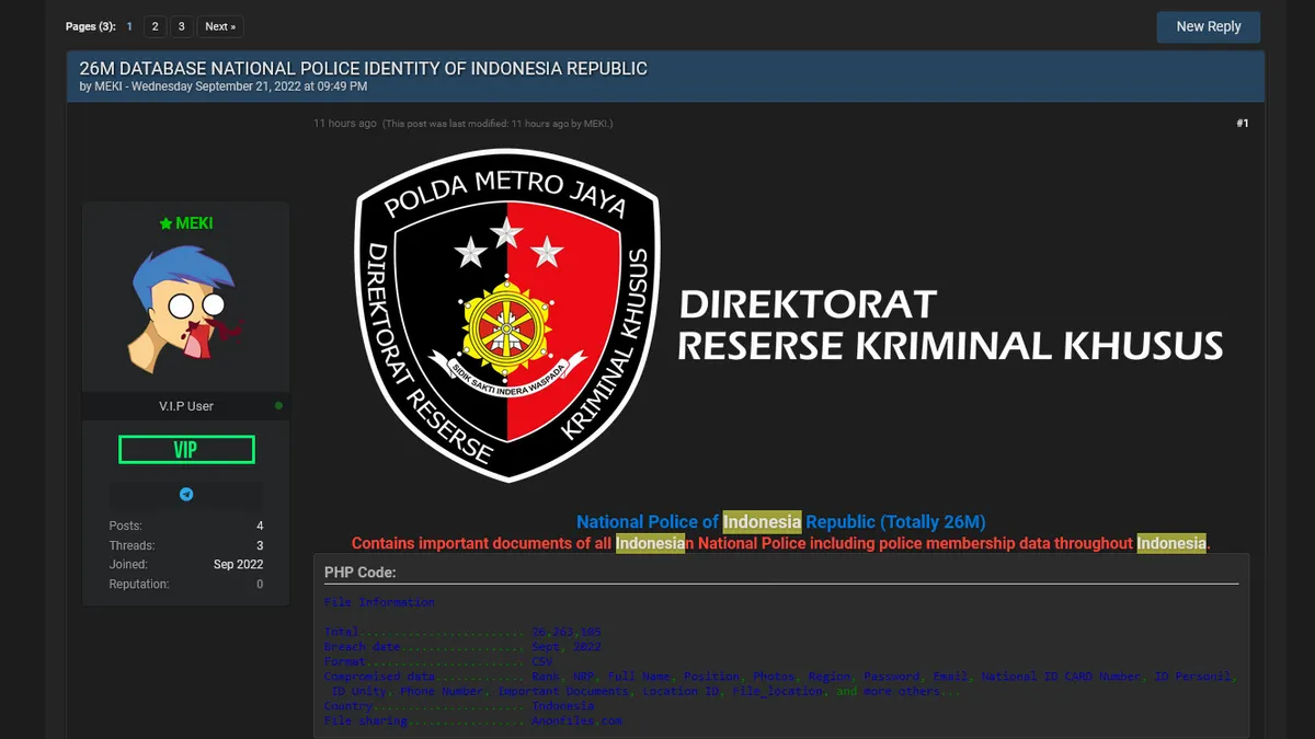 Hacker MEKI menjual 26 juta data diduga berisi identitas polri di Breached Forum.
