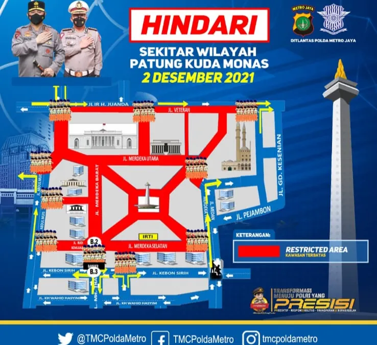 Polda Metro Jaya merilis denah penutupan jalan Kawasan Patung Kuda Monas untuk antisipasi pelaksanaan Reuni 212.