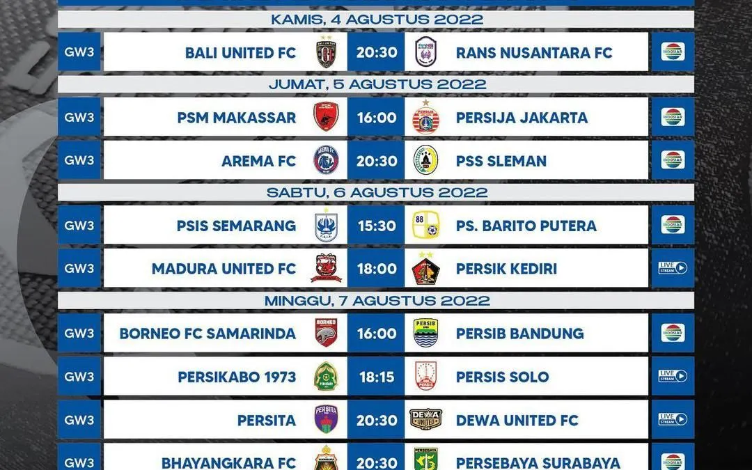 Jadwal Liga 1 musim 2022-2023 pekan ke 3. 