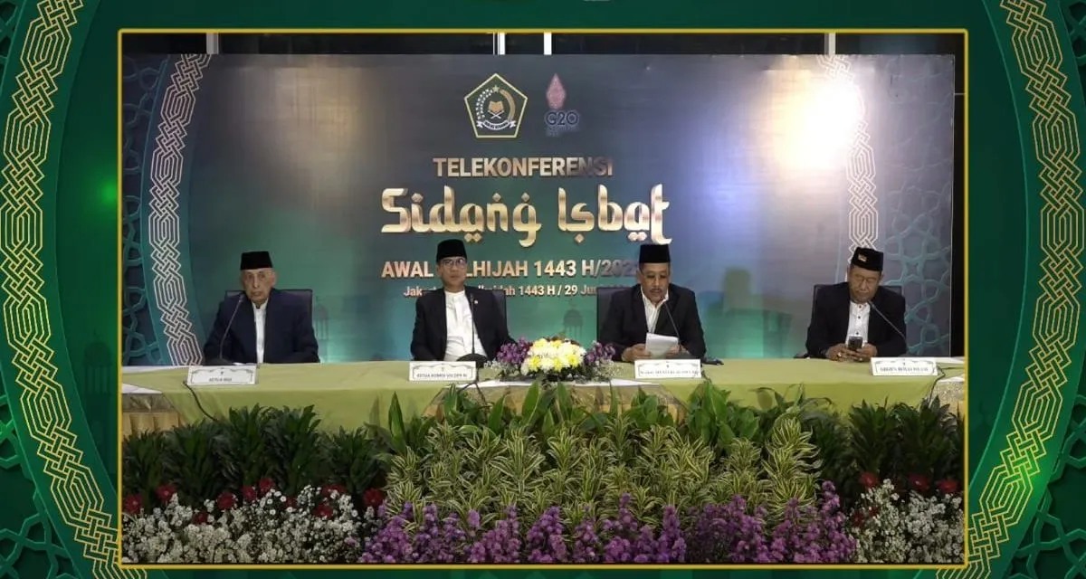 Suasana telekonferens hasil sidang isbat penetapan awal 1 Zulhijjah 1443 H. Pemerintah secara resmi telah menetapkan 1 Zulhijjah 1443 Hijriah jatuh pada Juni 2022, sehingga Hari Raya Idul Adha jatuh pada 10 Juli 2022.