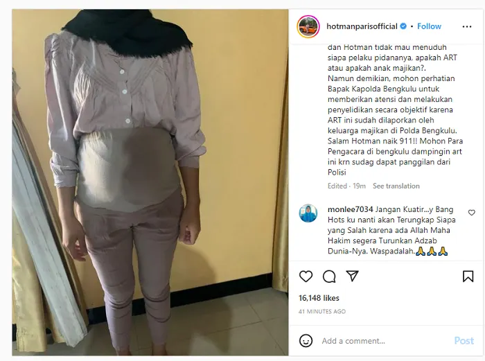 Seorang ART yang berasal dari Bengkulu yang meminta bantuan Hotman Paris melalui telepon, mengaku dalam keadaan hamil 6 bulan.