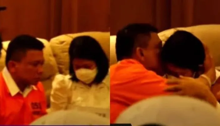 Ferdy Sambo dan Putri Candrawathi lakukan reka adegan kasus kematian Brigadir J, tampak keduanya berpelukan di atas sofa.