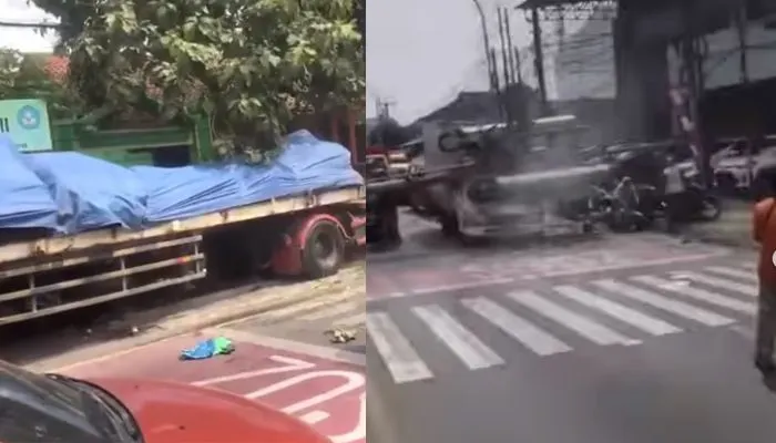 Kecelakaan Truk Tronton Tabrak Tiang Telekomunikasi di Depan SD Kota Bekasi
