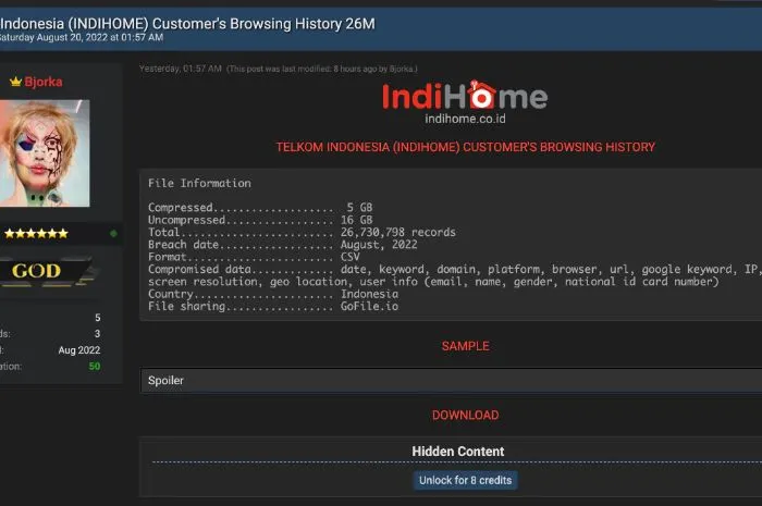 Data browsing pelanggan IndiHome Diduga bocor, disebar oleh hacker beserta detail nama dan NIK.
