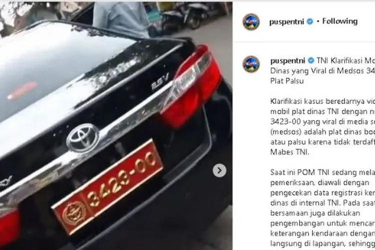 Klarifikasi Puspen TNI soal mobil dinas dengan plat nomor bodong (instagram.com/@puspentni)