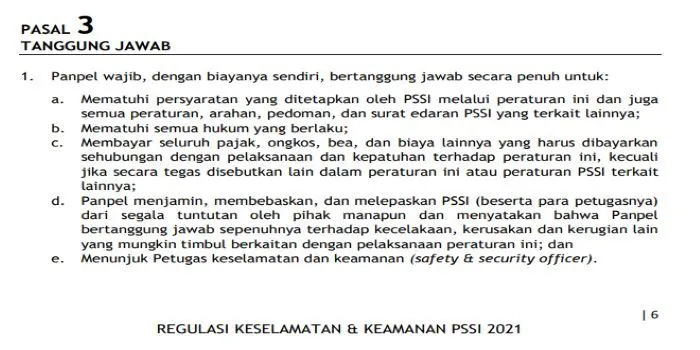 Isi regulasi keamanaan dan keselamatan PSSI yang dibuat pada tahun 2021. Tangkapan Layar/File Regulasi Keamanaan dan Keselamatan PSSI (pssi.org)