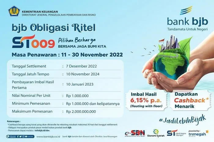 bank bjb kembali ikut memasarkan Surat Berharga Negara Ritel Sukuk Tabungan 009 atau ST009 dengan penawaran cashback yang menarik.