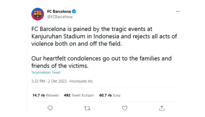 Kumpulan Ucapan Belasungkawa Klub Besar Dunia atas Insiden Berdarah Kanjuruhan pada Laga Arema vs Persebaya