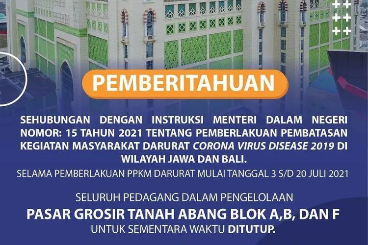 Pasar Tanah Abang Blok A, B, dan F ditutup/dok: Instagram @perumdapasarjaya