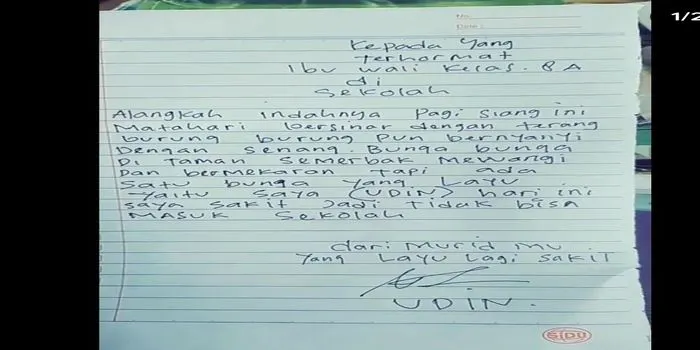 Surat izin tidak masuk sekolah ala Udin yang puitis