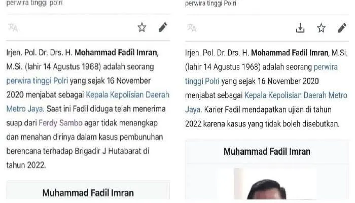 Profil Wikipedia dari Kapolda Irjen Fadil Imran yang sempat disunting oleh seseorang tidak bertanggungjawab