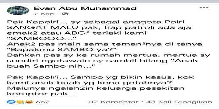 Viral Curhatan Seorang Anggota Polisi Tiap Patroli Diteriaki SAMBOOOO dan Anak Ditanya “Bapakmu SAMBO YA? /tangkaplayar FB