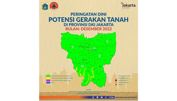 BPBD DKI Jakarta mengeluarkan peringatan dini potensi pergerakan tanah di sejumlah wilayah Ibu Kota.