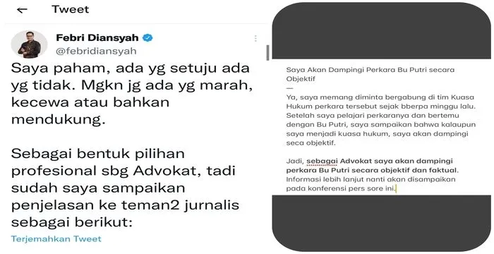 Cuitan Febri Diansyah tentang keputusannya membela Putri Candrawathi / Twitter @febridiansyah