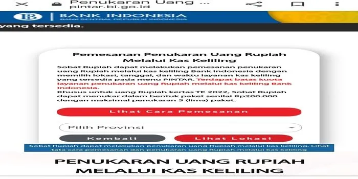 Tampilan link pendaftaran penukaran uang baru /tangkaplayar  pintar.bi.go.id
