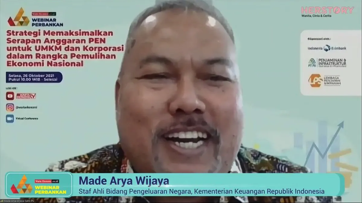 Staf Ahli Bidang Pengeluaran Negara Kemenkeu Made Arya Wijaya, saat memberikan pemaparan dalam diskusi daring. (Istimewa)