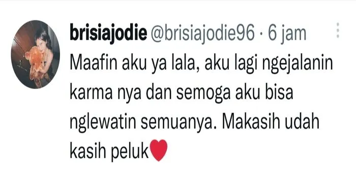 Cuitan Brisia Jodie di akun Twitternya /tangkaplayar @brisiajodie96