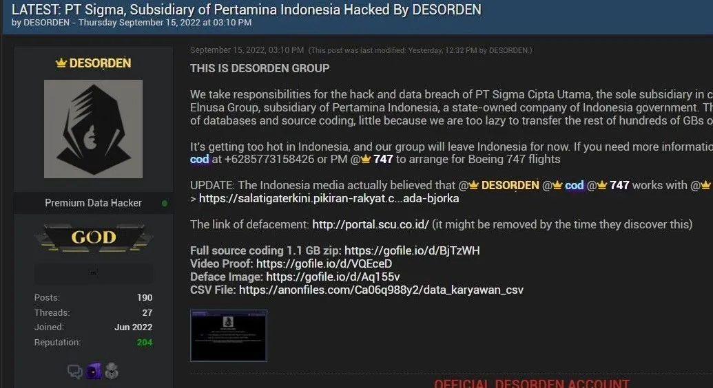 Hacker Desorden mengklaim bertanggung jawab atas kebocoran data milik anak perusahaan Pertamina.