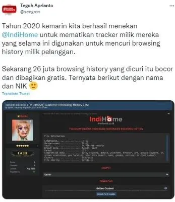 Kebocoran data pribadi pelanggan Indihome diungkap akun Twitter ini