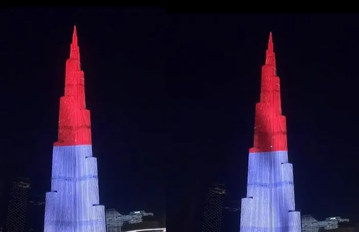 Gedung Burj Khalifa diselimuti cahaya merah putih pada HUT Kemerdekaan Indonesia, Rabu, 17 Agustus 2022.