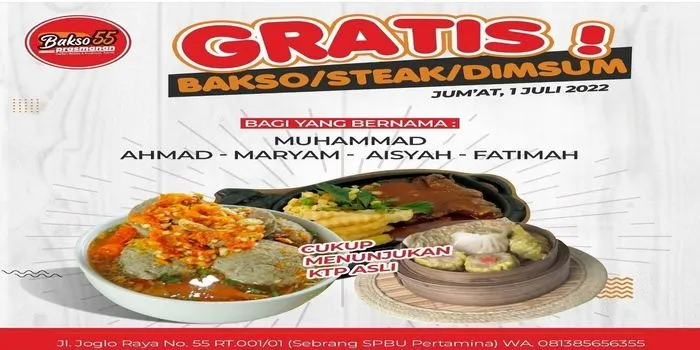promo bakso gratis (instagram @bakso55.jkt