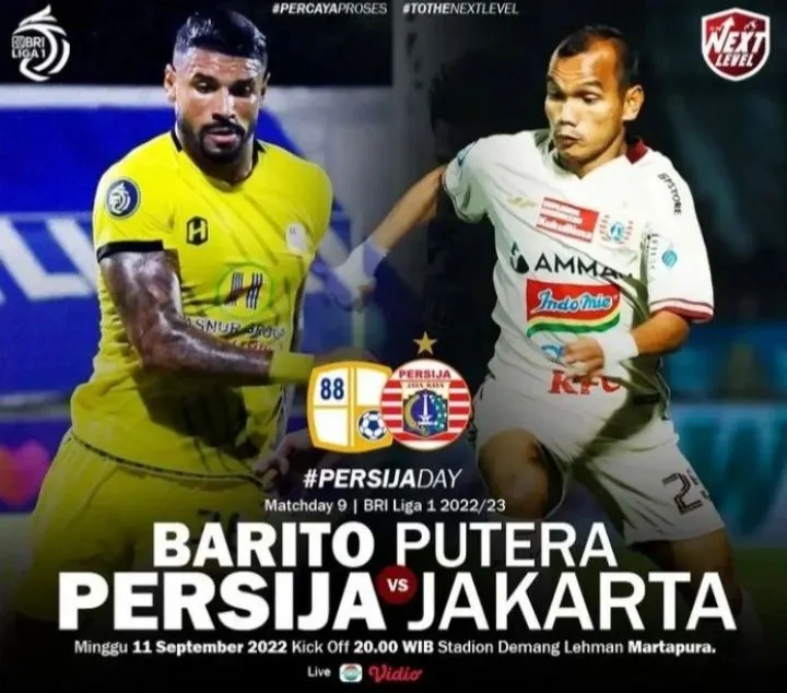Link Live Streaming Bola Barito Putera vs Persija Jakarta BRI Liga 1 Minggu 11 September 2022 Pukul 20.00 WIB