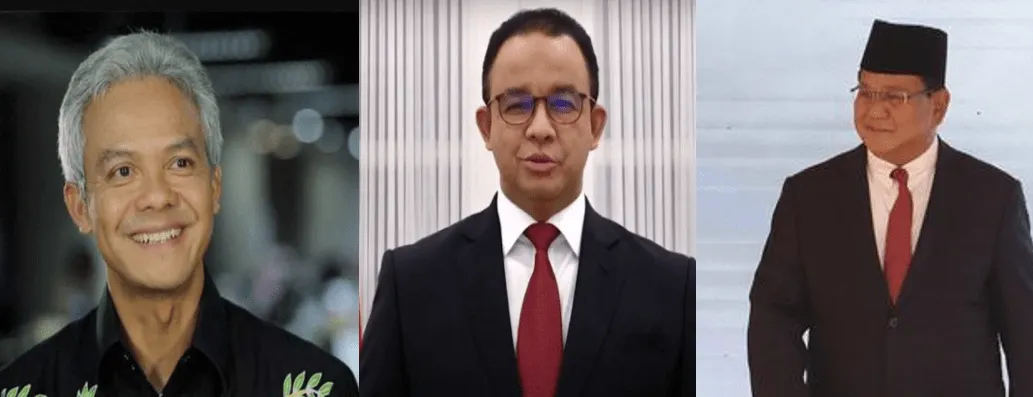 Kolase foto Anies Baswedan diapit Ganjar Pranowo dan Prabowo Subianto.