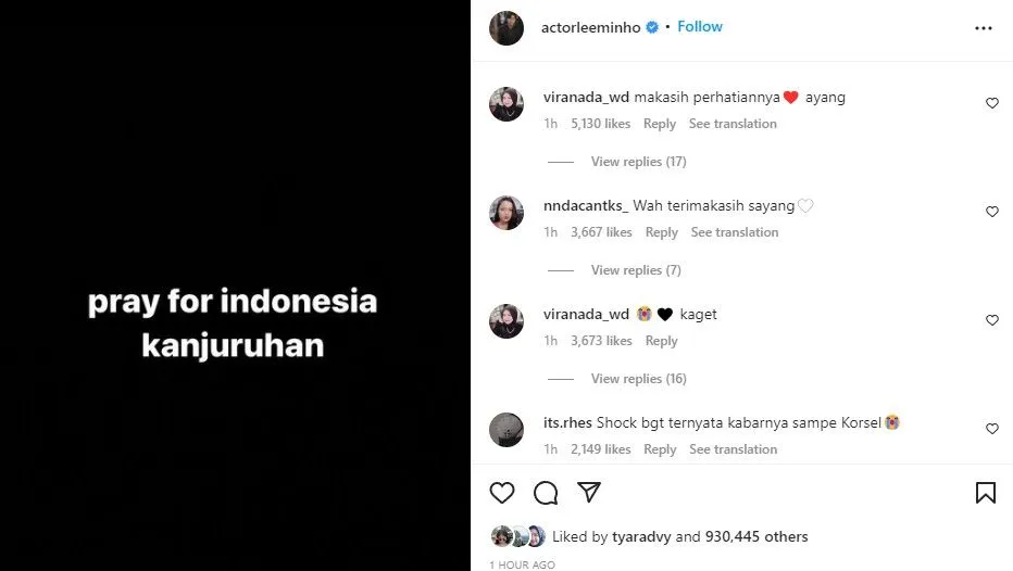 Lee Min Ho Ucapkan Belasungkawa Atas Tragedi di Kanjuruhan Malang