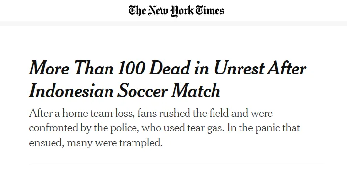 Media ternama dunia sorot insiden berdarah di Stadion Kanjuruhan/ nytimes.com