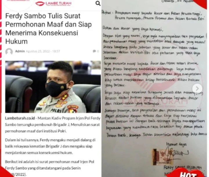 Ferdy Sambo tuliskan surat permintaan maaf kepada rekan dan senior di Polri
