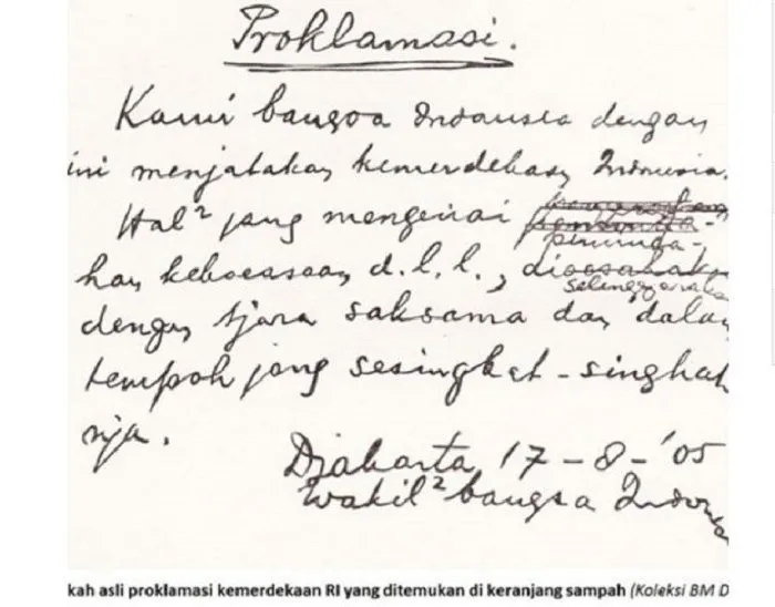 Teks proklamasi kemerdekaan Indonesia.