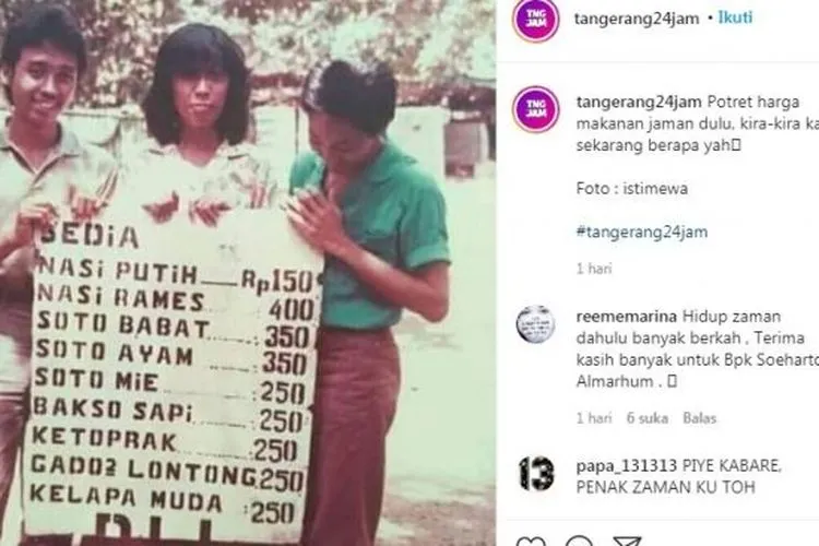 Tangkapan layar unggahan potret harga makanan tempo dulu yang viral di media sosial. [Instagram@tangerang24jam]