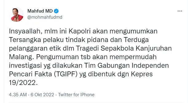 Cuitan Menko Polhukam Mahfud MD