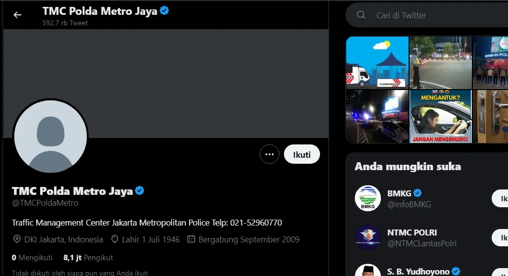 Akun Twitter TMC Polda Metro Jaya diduga kena hack.