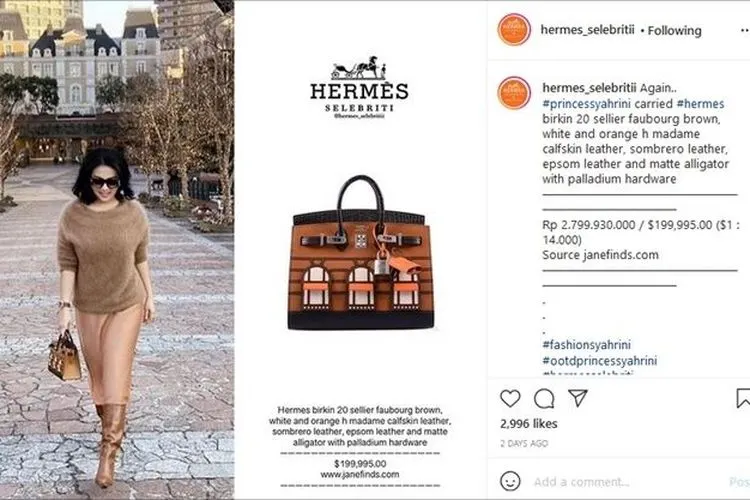 Syahrini tenteng tas Hermes Rp2,7 miliar, publik ungkit ini. (Instagram/@hermes_selebritii)