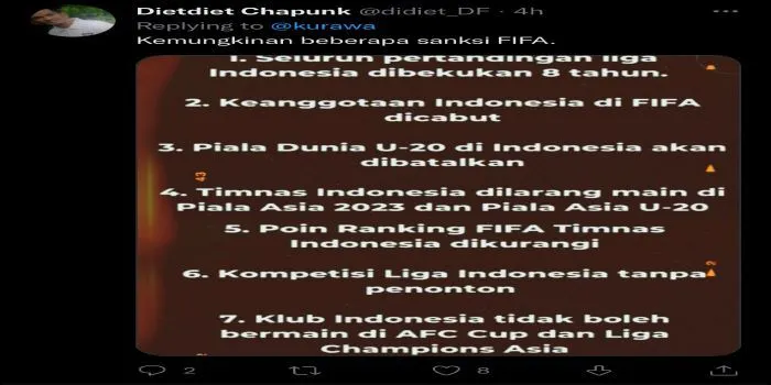 Tragedi Kanjuruhan, Berikut Sanksi FIFA yang Kemungkinan Bisa Terjadi Menurut Netizen/ @awemany