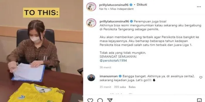 Tangkapan layar saat Prilly Latuconsina menandatangani berkas kepemilikan 10 saham klub Liga 3 Nasional, Persikota Tangerang.