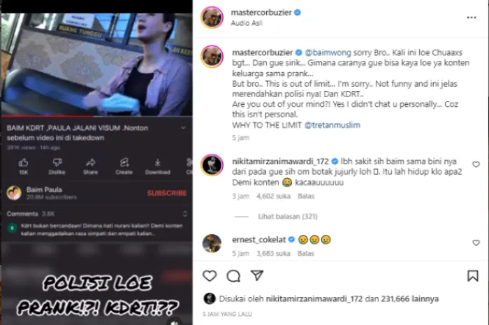 Viral! Video Prank KDRT, Baim Wong dan Paula Verhoeven Dikecam Netizen dan Deddy Corbuzier  Sumber: Instagram @mastercorbuzier