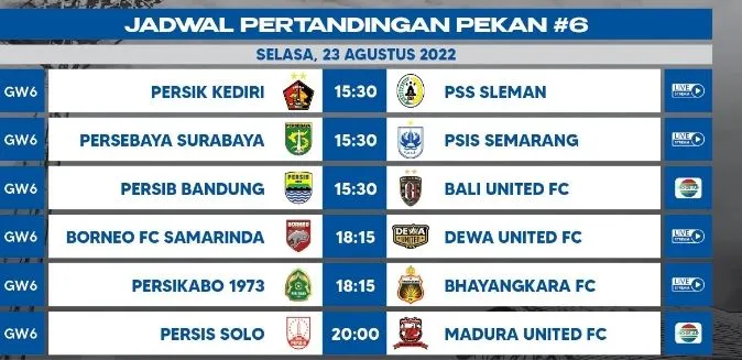 Jadwal lengkap pertandingan BRI Liga 1 2022-2023 pekan keenam.(Foto: Twitter/BRI Liga 1)