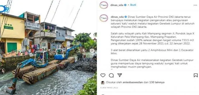 Tangkapan layar postingan Suku Dinas Air Pemprov DKI Jakarta yang menampilkan pengerukan kali Mampang.