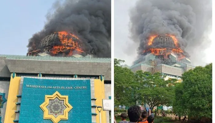 Kubah Masjid Jakarta Islamic Center kebakaran.