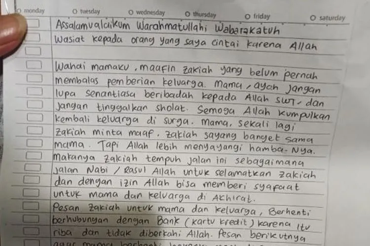 Surat wasiat yang ditulis Zakiah Aini / istimewa