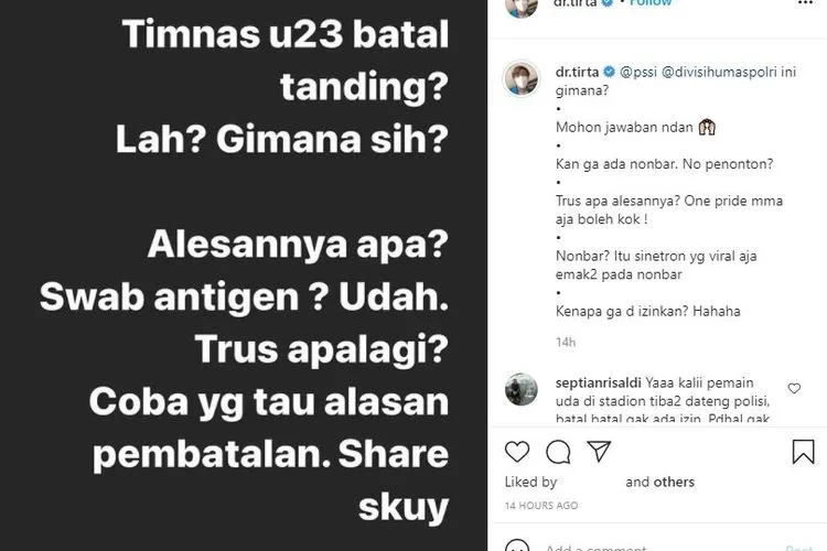 Dokter Tirta komentari batalnya laga Timnas Indonesia U-23 vs Tira Persikabo. (Instagram/dr.tirta)