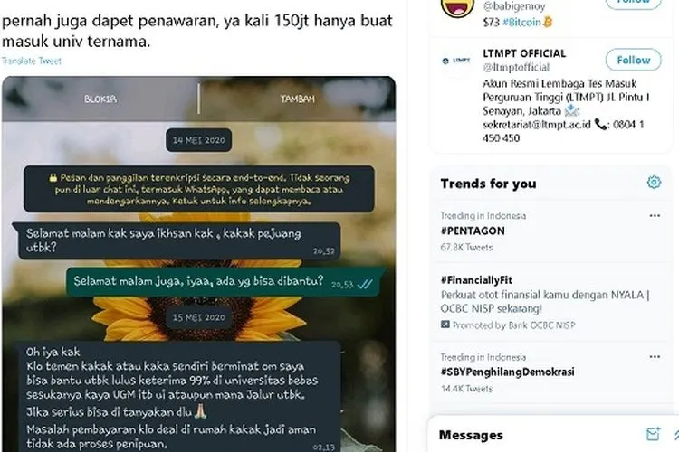 Tangkapan layar mengenai calo dalam menawarkan jasa kelulusan ke Perguruan Tinggi Negeri (PTN) dengan jumlah biaya tertentu.