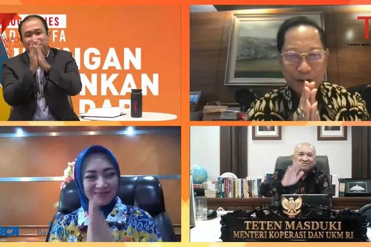 Direktur Komersial dan UMKM bank bjb Nancy Adistyasari dan Menteri Koperasi dan UKM RI Teten Masduki saat webinar Dukungan Perbankan Terhadap UMKM di Masa Pandemi yang disiarkan secara live di YouTube Tempo Media Group, Kamis 5 Agustus 2021. (istimewa)
