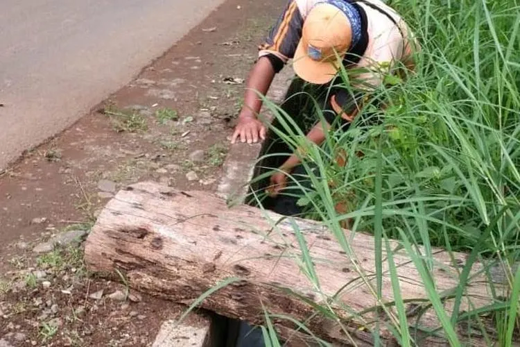Petugas PPSU Kelurahan Cibubur membersihkan saluran air yang tersumbat/dok: timur.jakarta.go.id