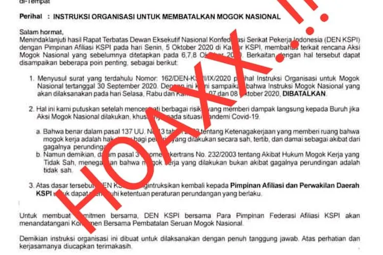Surat dari KSPI yang diklaim palsu (dok KSPI)