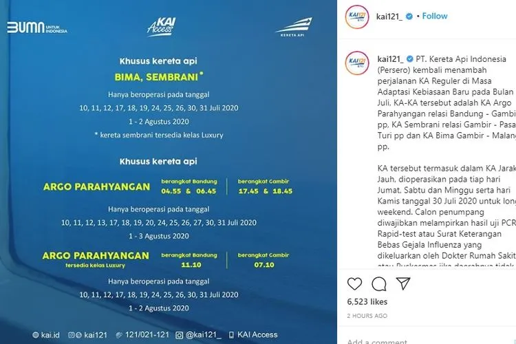 KAI Tambah Tiga Perjalanan Kereta Api Jarak Jauh Menuju Ibu Kota / instagram: @kai121_