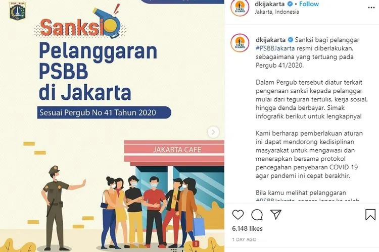 Penjelasan sanksi PSBB di DKI Jakarta. instagram: @dkijakarta