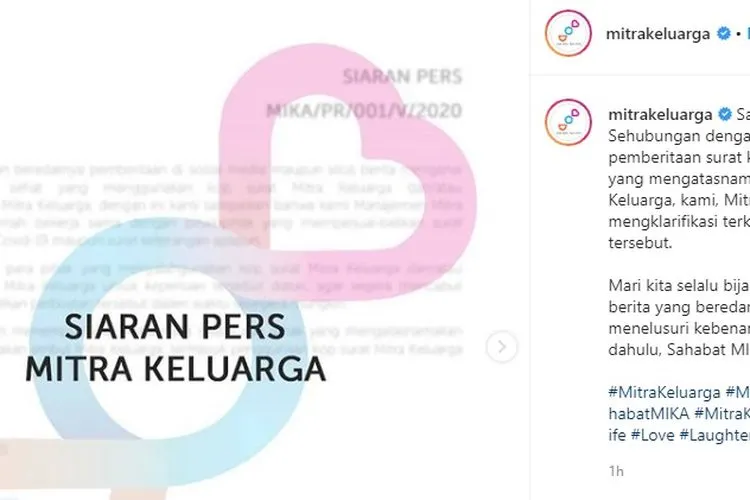 RS Mitra Keluarga bantah menjual surat sehat bebas covid. (Dok. Instagram/MitraKeluarga)